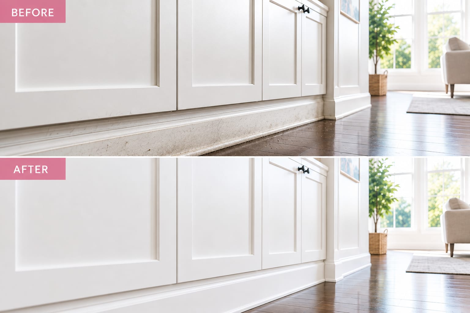 A before and after comparison of white baseboards and cabinets, showing grimy buildup on top and a clean, wiped-down finish below.