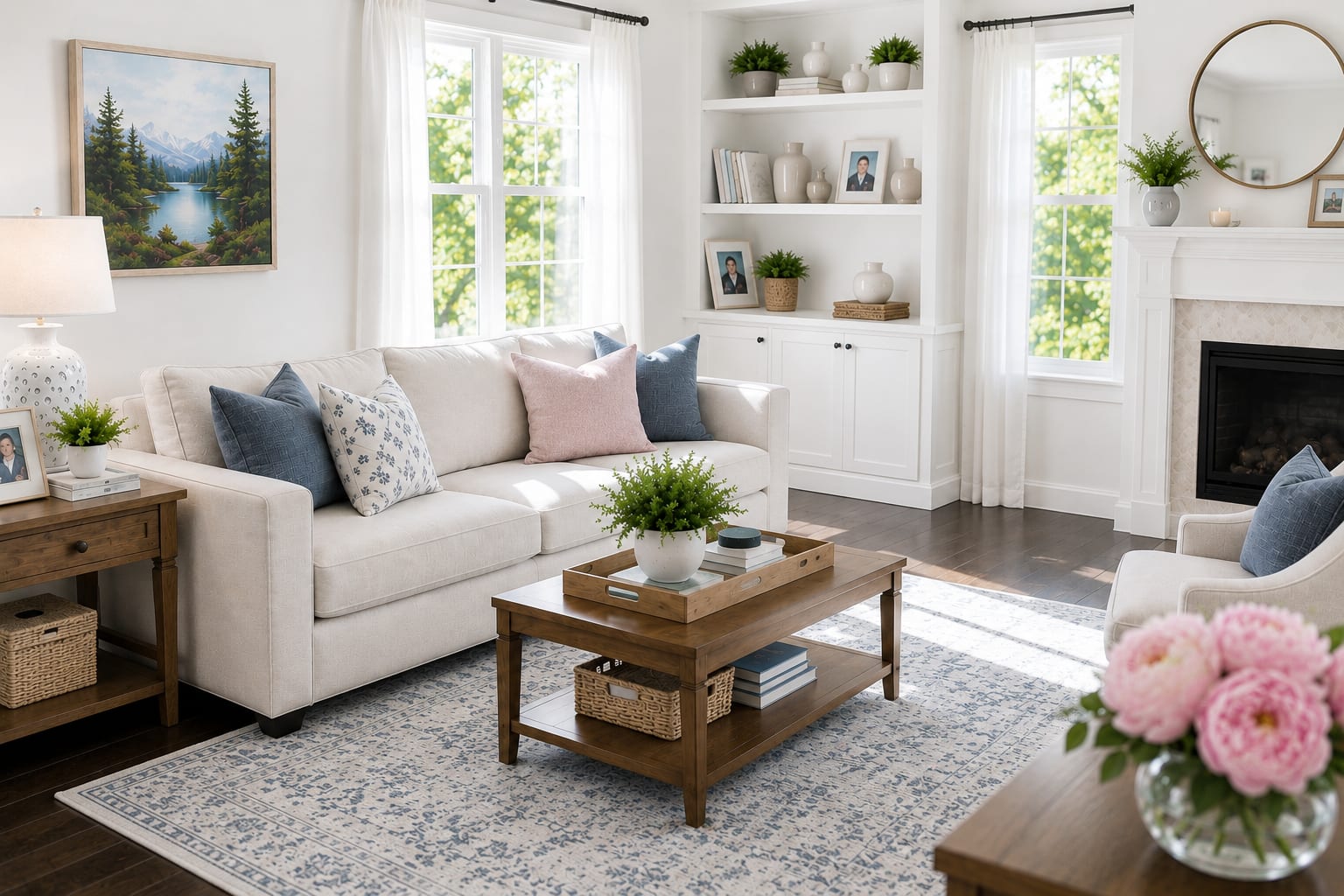 A bright, tidy living room with a freshly vacuumed rug, straightened pillows, and clean surfaces.
