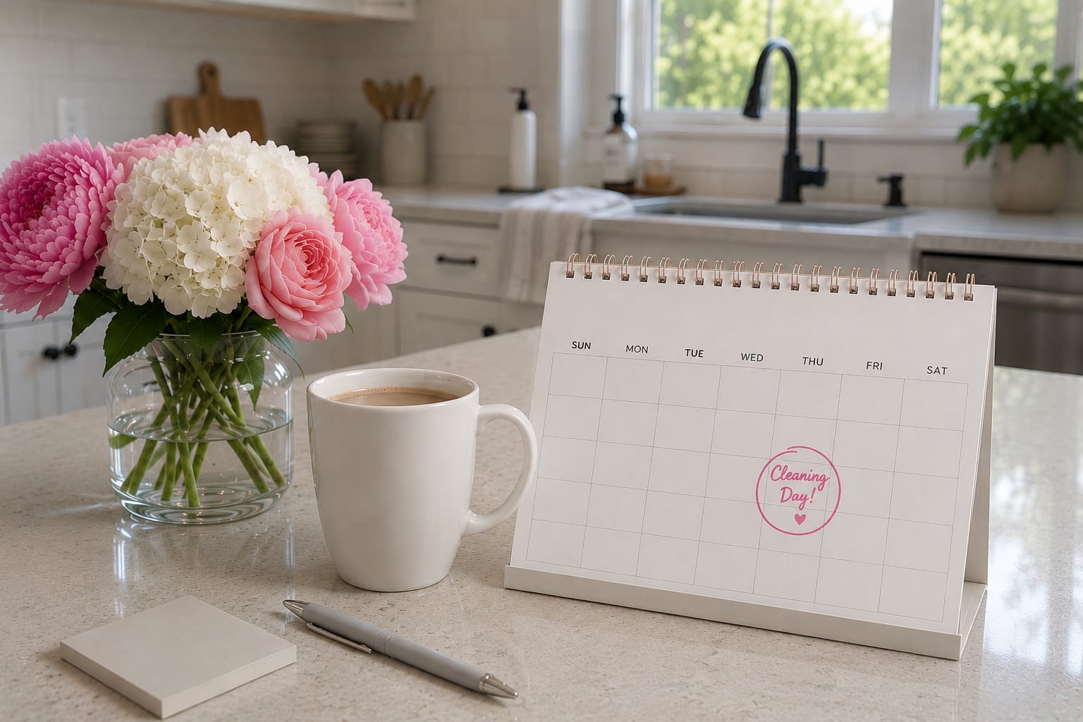 A kitchen counter calendar with cleaning day circled in pink, next to a coffee mug and a vase of flowers.