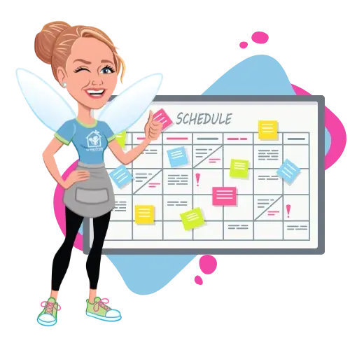 A Fairy Clean-Mother giving a thumbs up in front of a busy calendar, representing Green Tree Cleaning Services flexible and predictable house cleaning schedule.